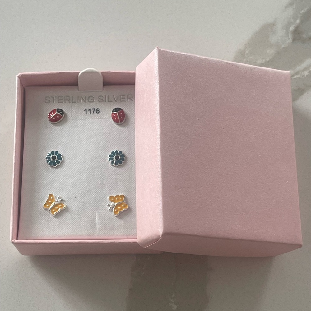 New in box 3 pair sterling silver earrings girls dainty